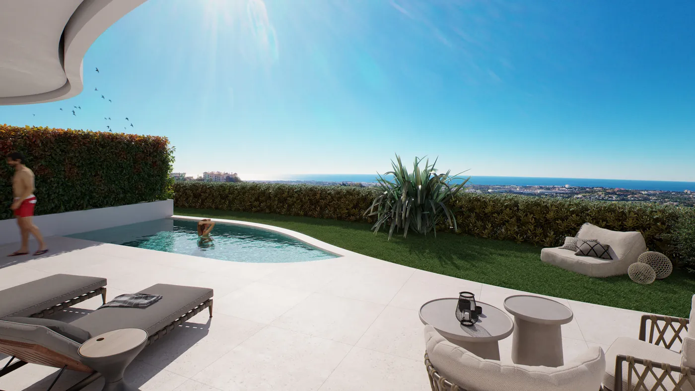 Render: ground-floor apartment with garden and pool. Sea-view apartments and penthouses above the Golf Valley, La Quinta