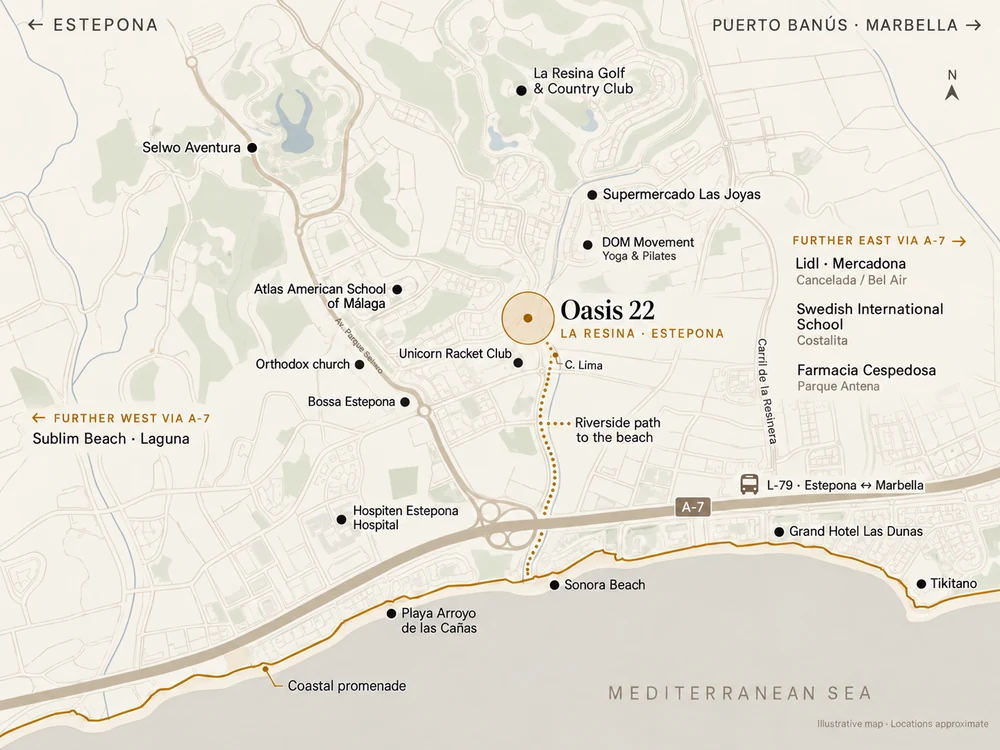 Mapa orientativo de los alrededores de Oasis 22, en La Resina, Estepona: Atlas American School, Unicorn Racket Club, la iglesia ortodoxa, Bossa, el Hospital Hospiten, Selwo Aventura, La Resina Golf, Sonora Beach, el Hotel Las Dunas, Tikitano, el sendero junto al arroyo hasta la playa y el paseo marítimo